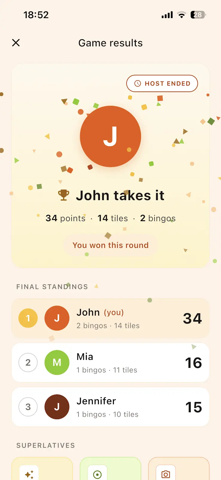 Tilesy game results with standings and superlatives