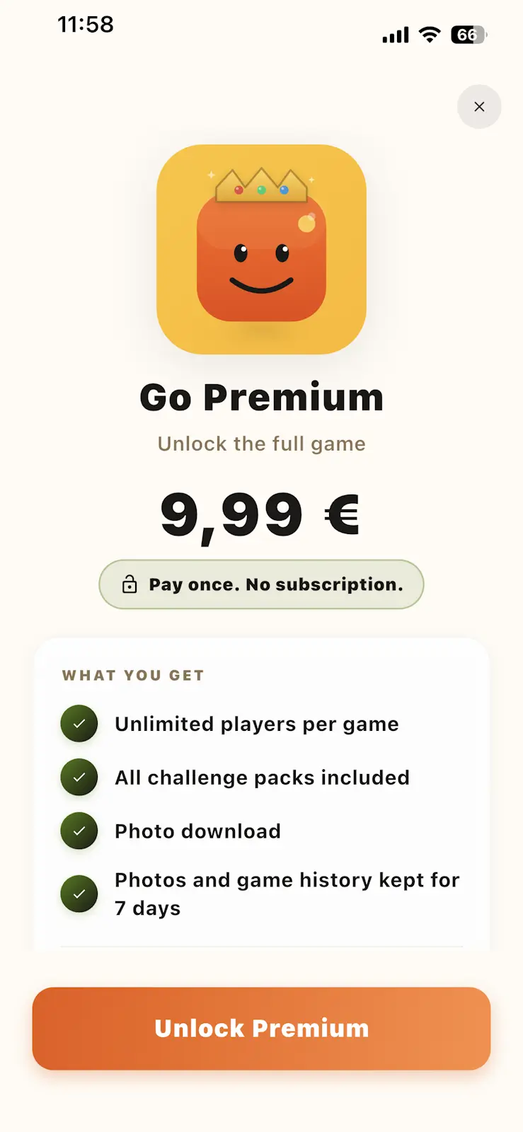 Tilesy premium screen with one-time payment benefits